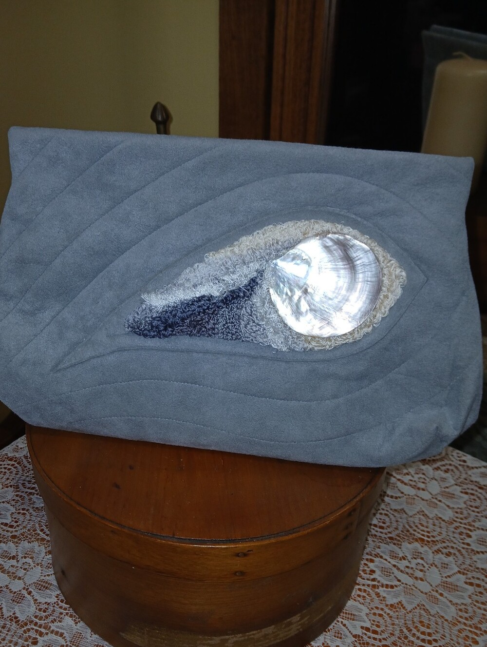 Vintage Quilted Gray Suede Shell Clutch w/ Chain - Picture 2 of 9